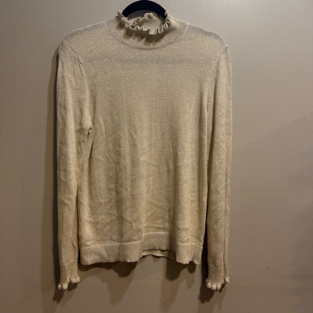 Ann Taylor Factory Gold Metallic Ruffle Mock Neck Sweater NWT Large 32323566โ